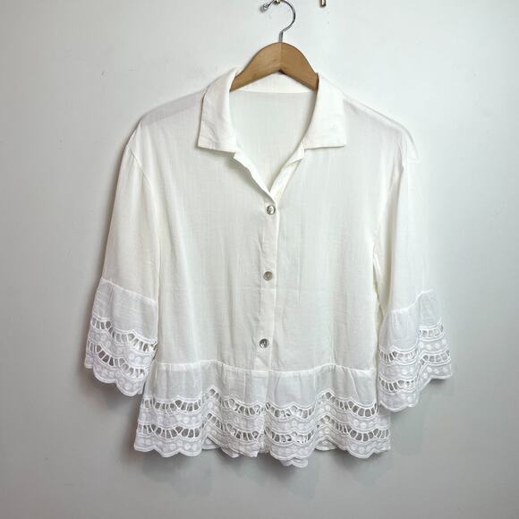 Unbranded Tops - White Rayon Button Up Shirt Open Stitch Crochet Lace Boho Minimalist Flowy Boxy